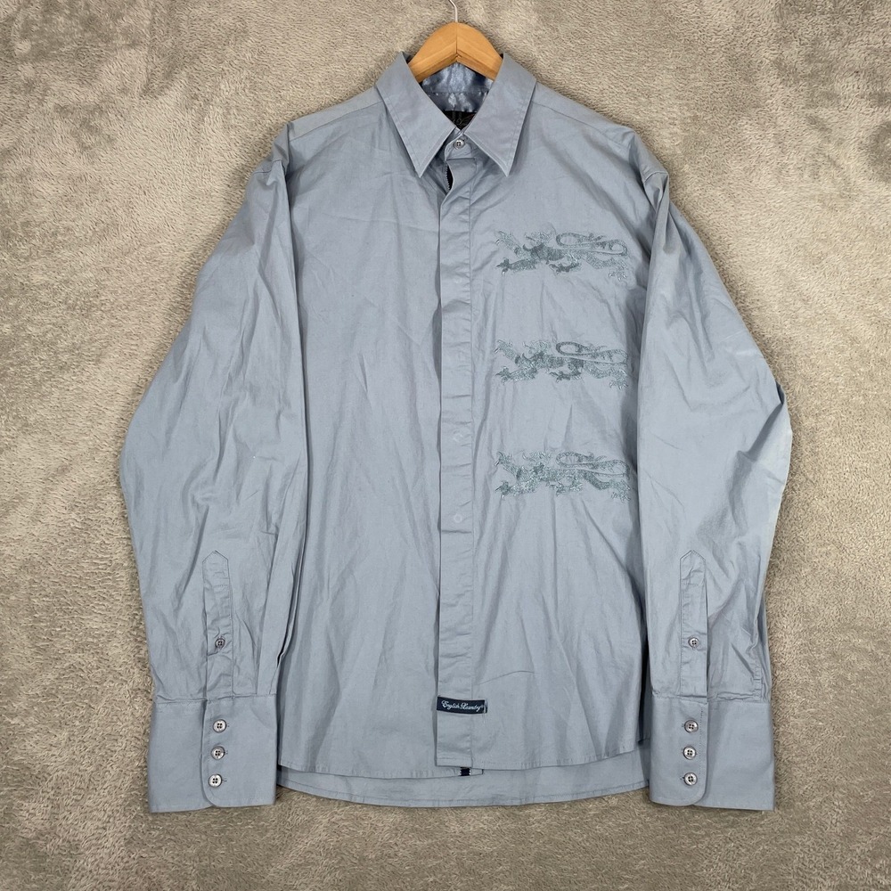 English Laundry Button Up Mens XL Blue Embroidered Dragon Y2K Cyber Grunge Top